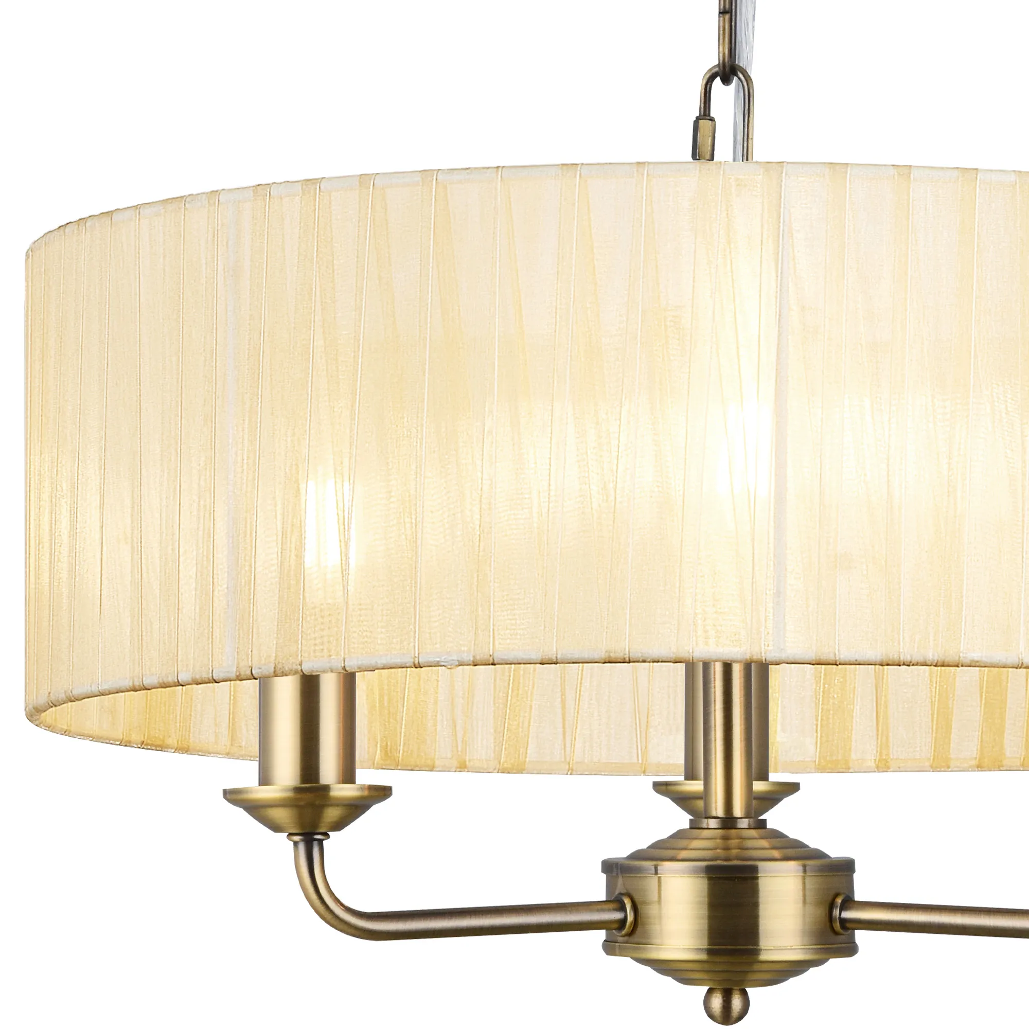 Banyan 3 Light Multi Arm Pendant With 45cm x 15cm Organza Shade Antique Brass/Cream DK0865  Deco Banyan AB CR